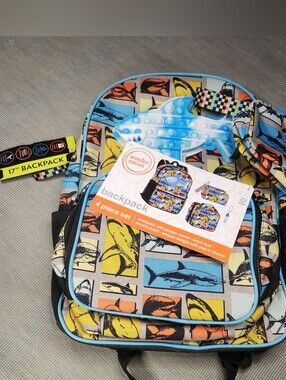 Wonder Nation Shark Print Kids Backpack Set - Blue, Yellow, Orange